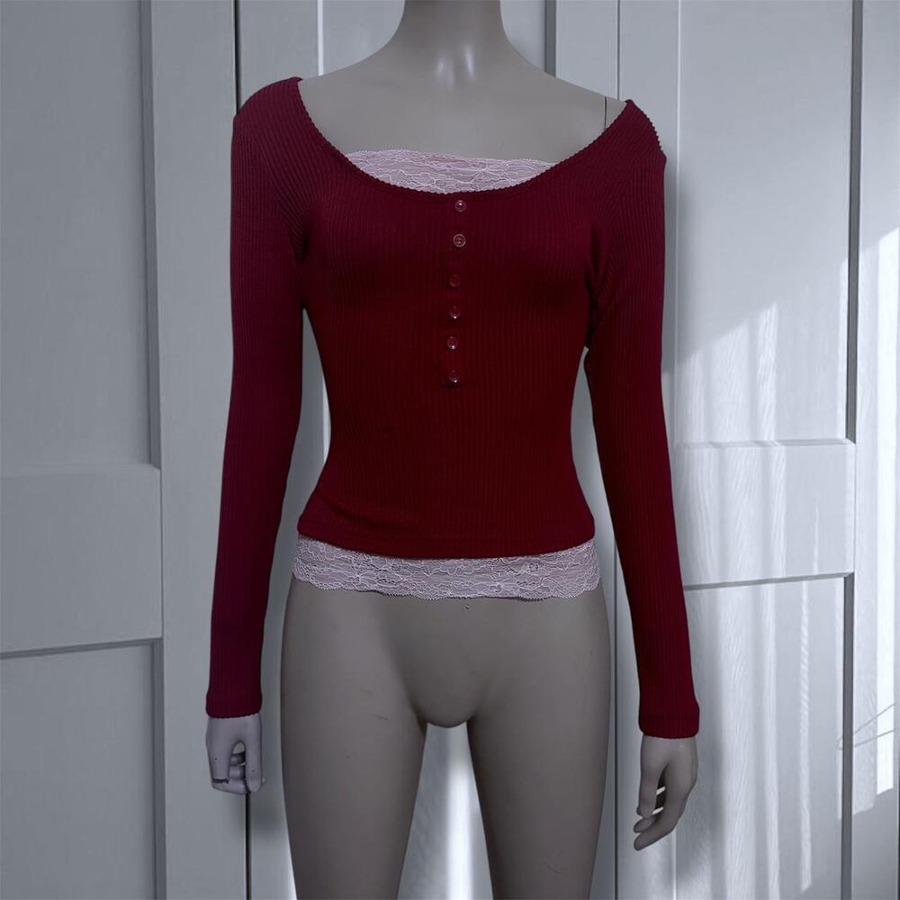 Y2k red ribbed lace trim